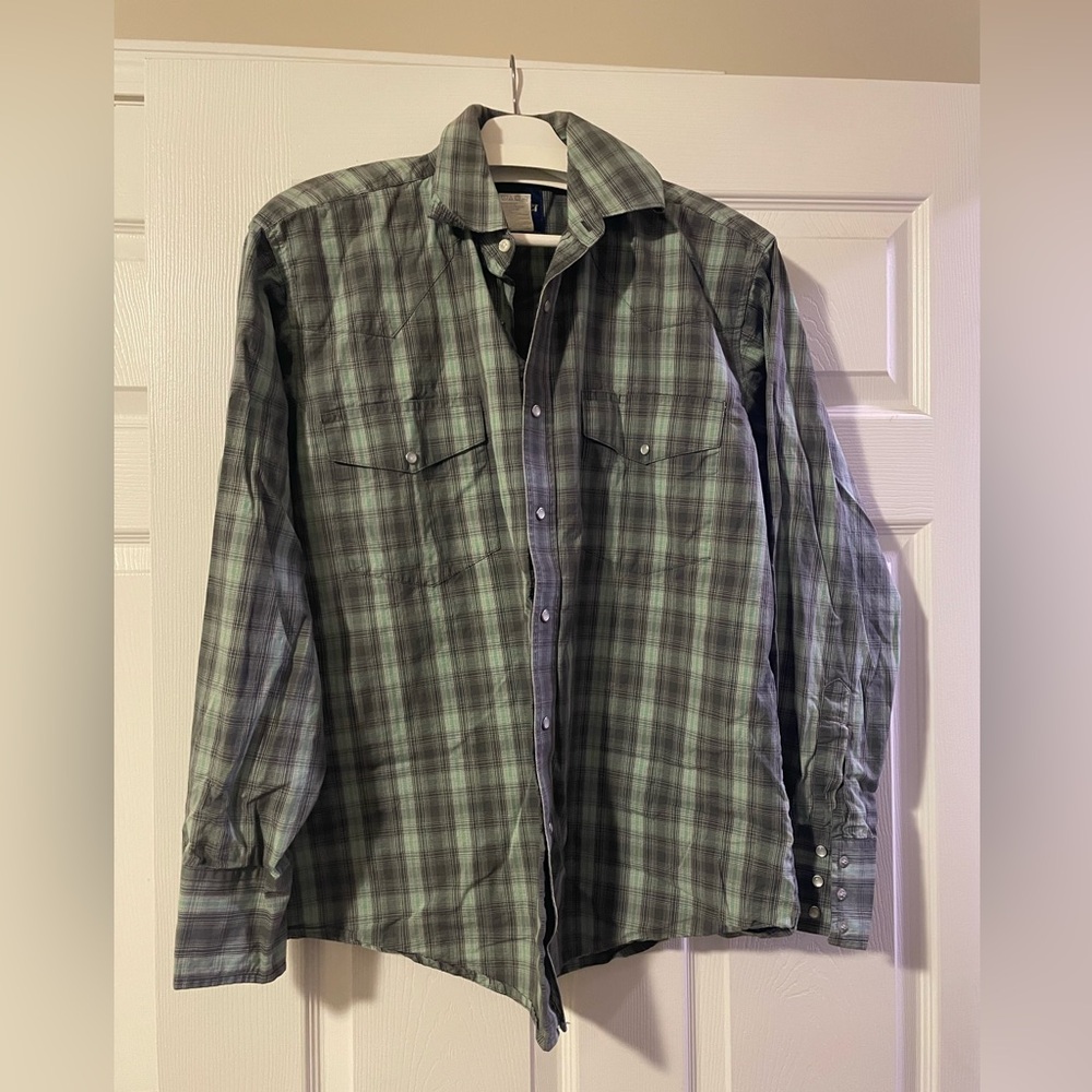 Men's Wrangler Green Plaid Pearl Snap Long Sleeve Button Down